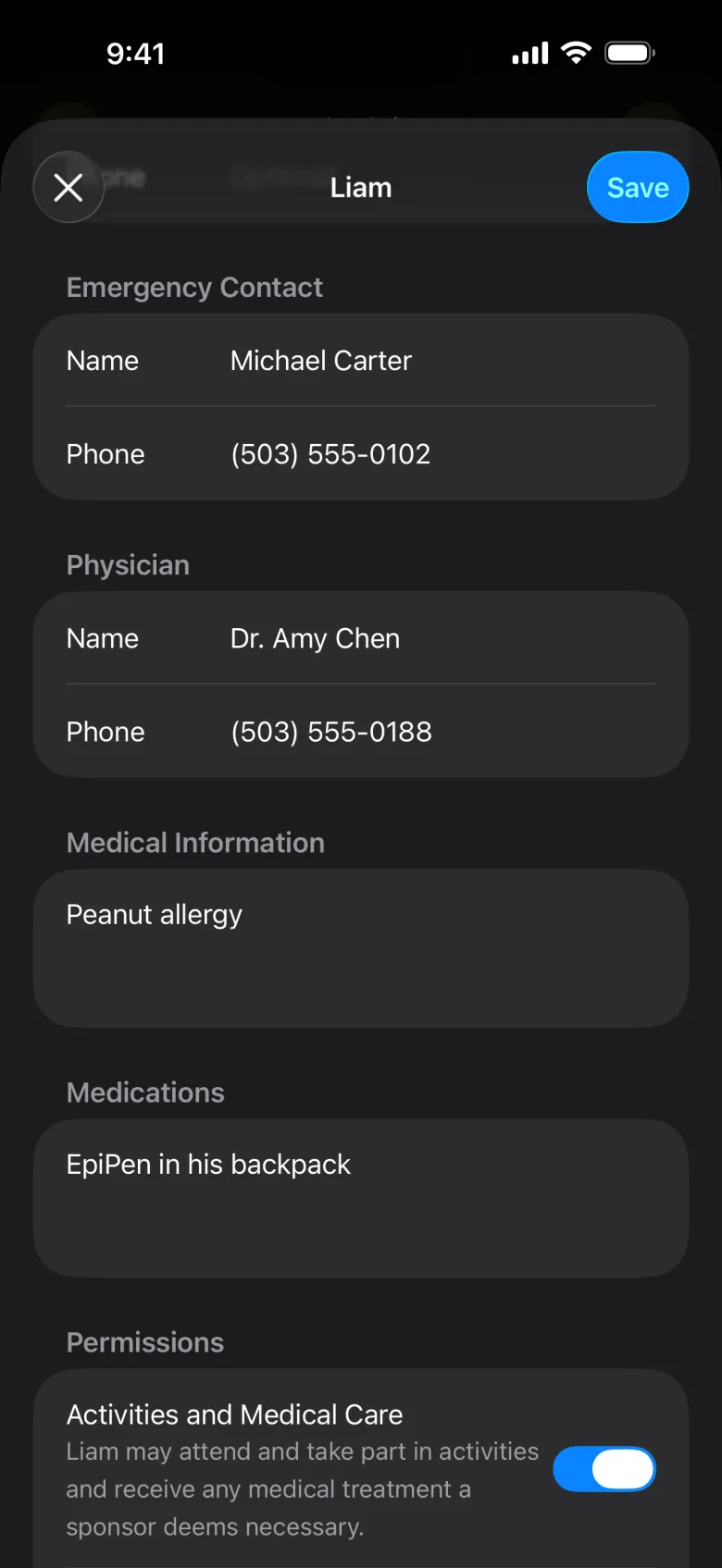A child’s emergency contact and medical notes in the member app