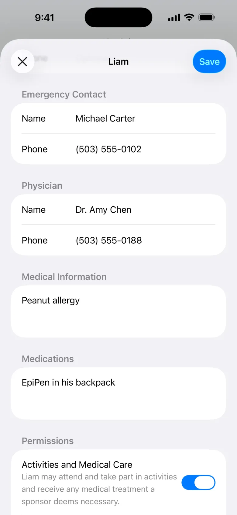 A child’s emergency contact and medical notes in the member app