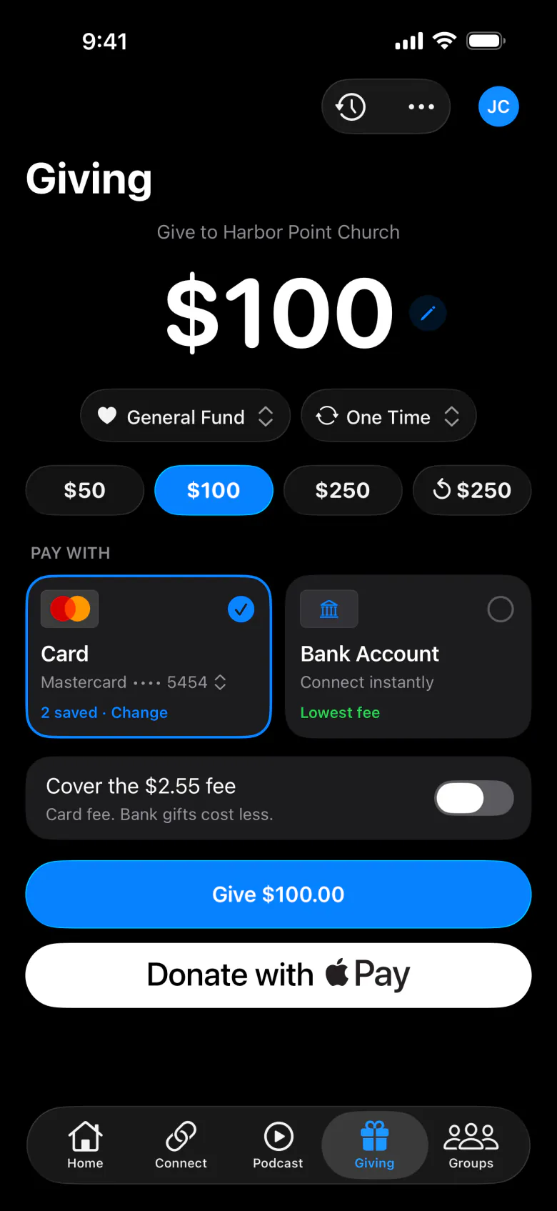 Giving screen in the member app