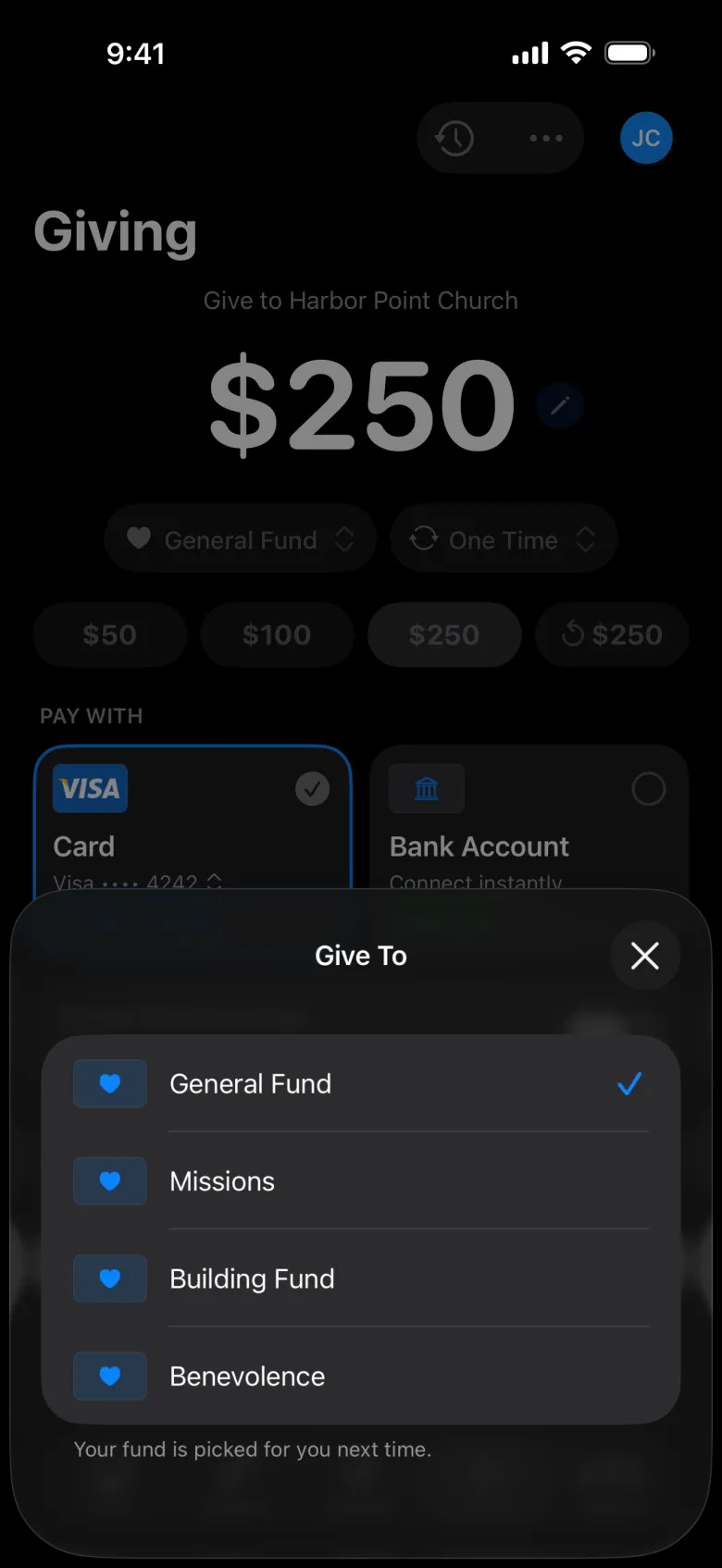Choosing a giving category and amount