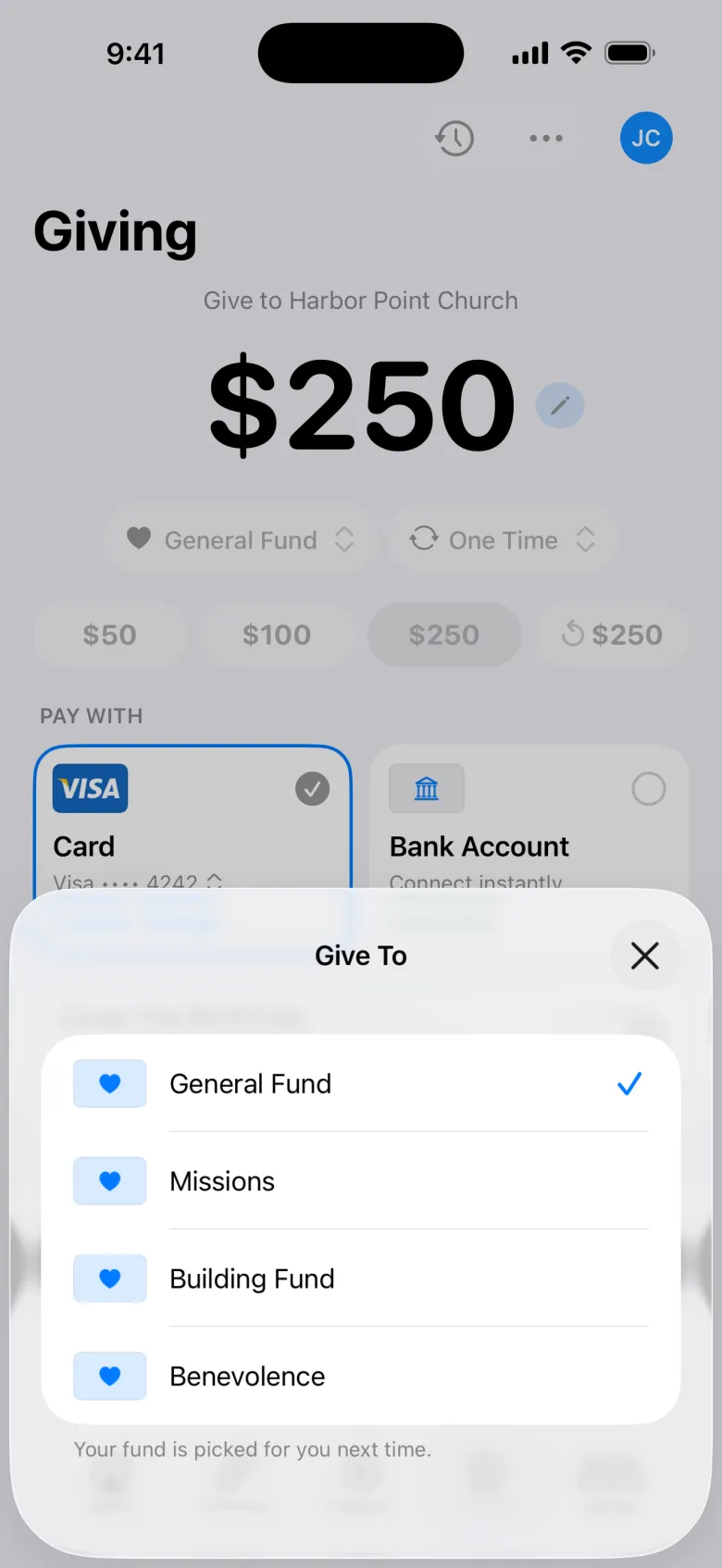 Choosing a giving category and amount