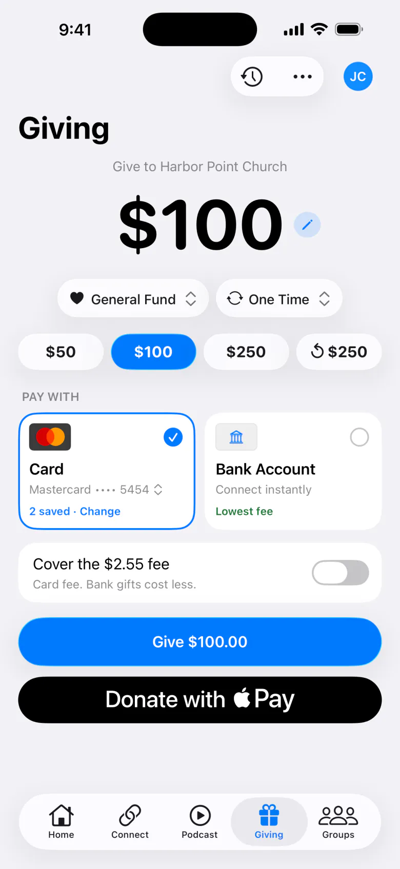 Giving screen in the member app