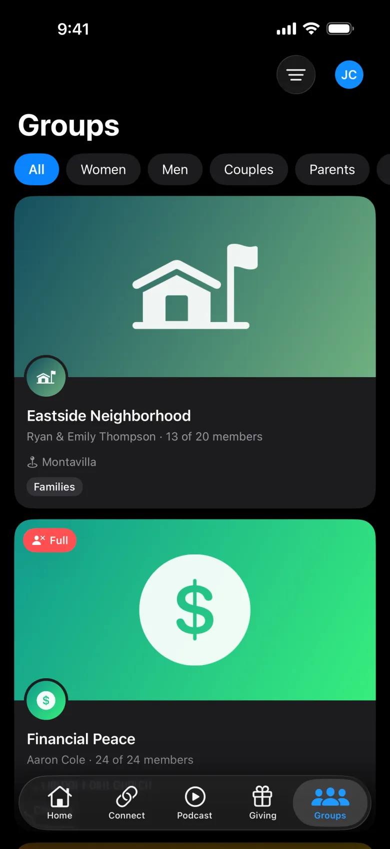 Group list in the member app