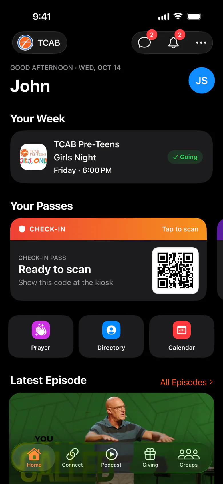 The same app, white-labeled with a church’s name and color