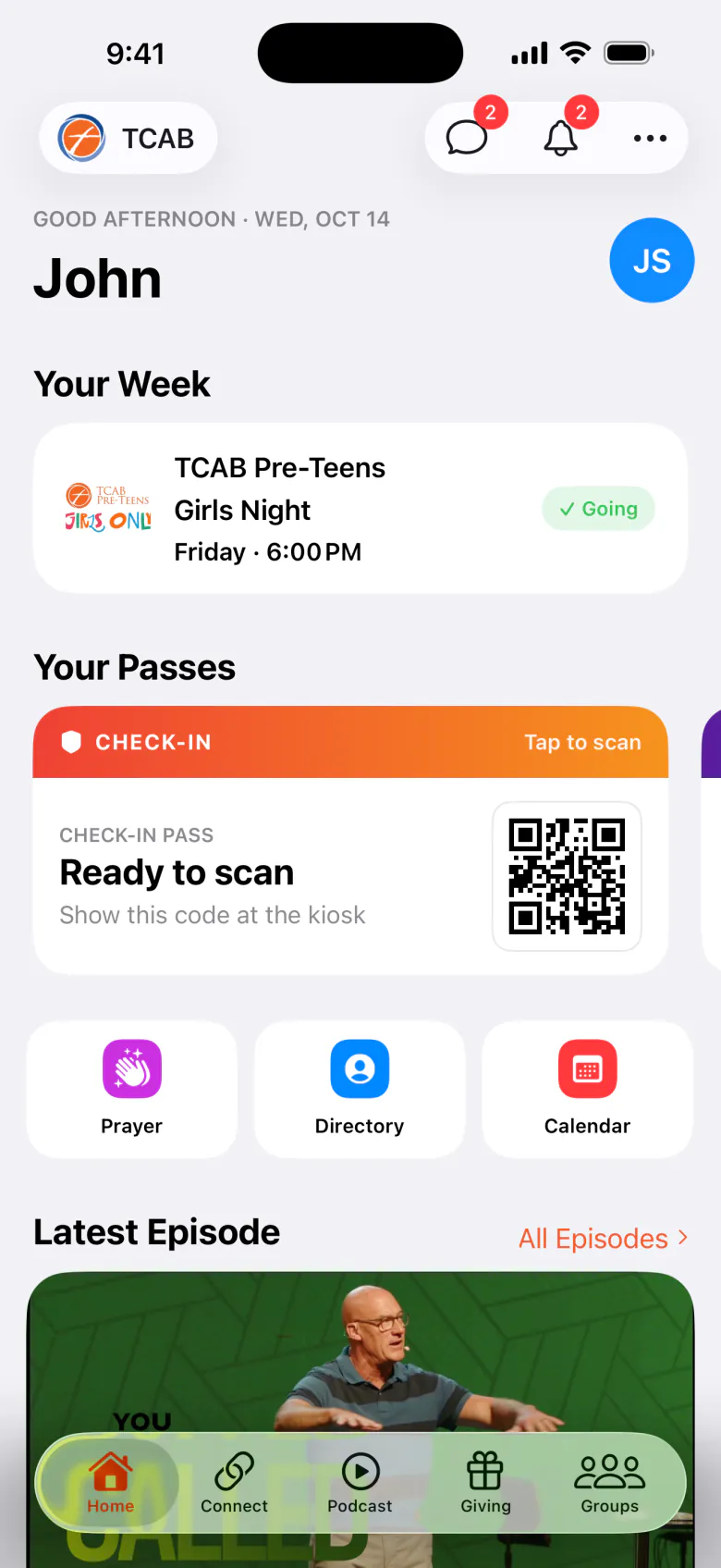The same app, white-labeled with a church’s name and color