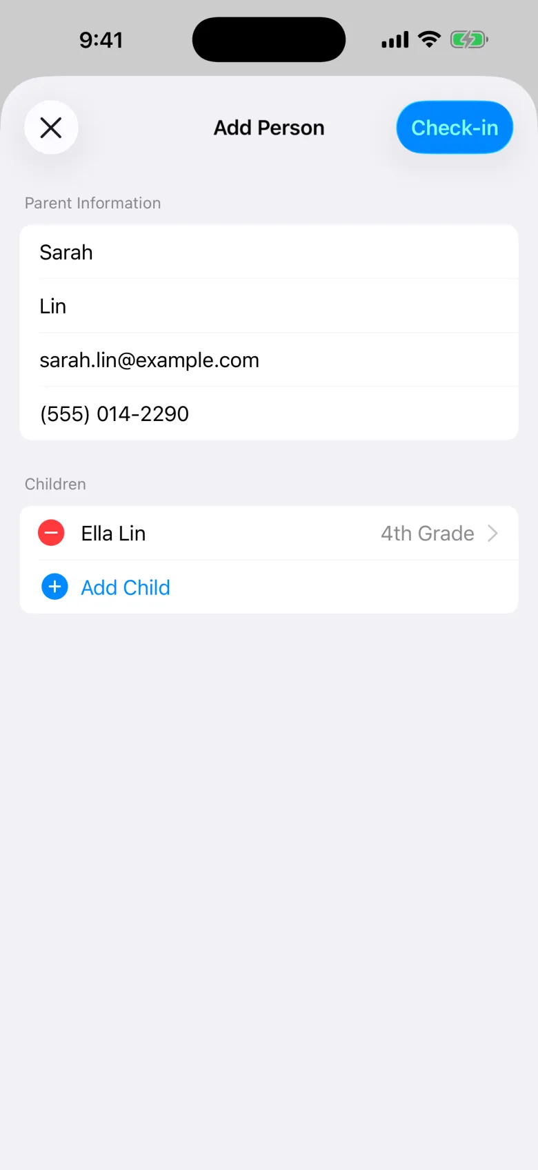Adding a first-time family for temporary labels in the Check-In Portal App