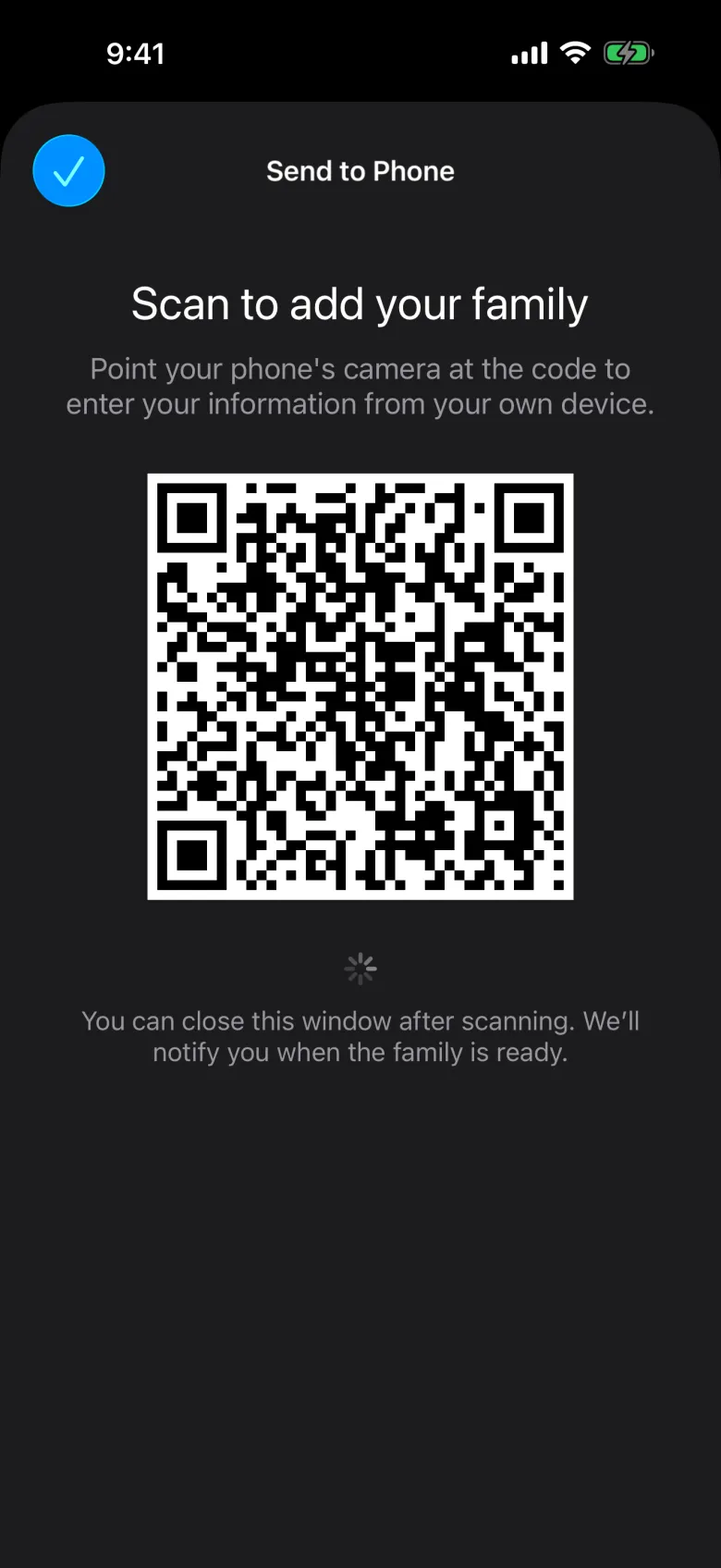 A QR code in the Check-In Portal App that families scan to add themselves on their own phone