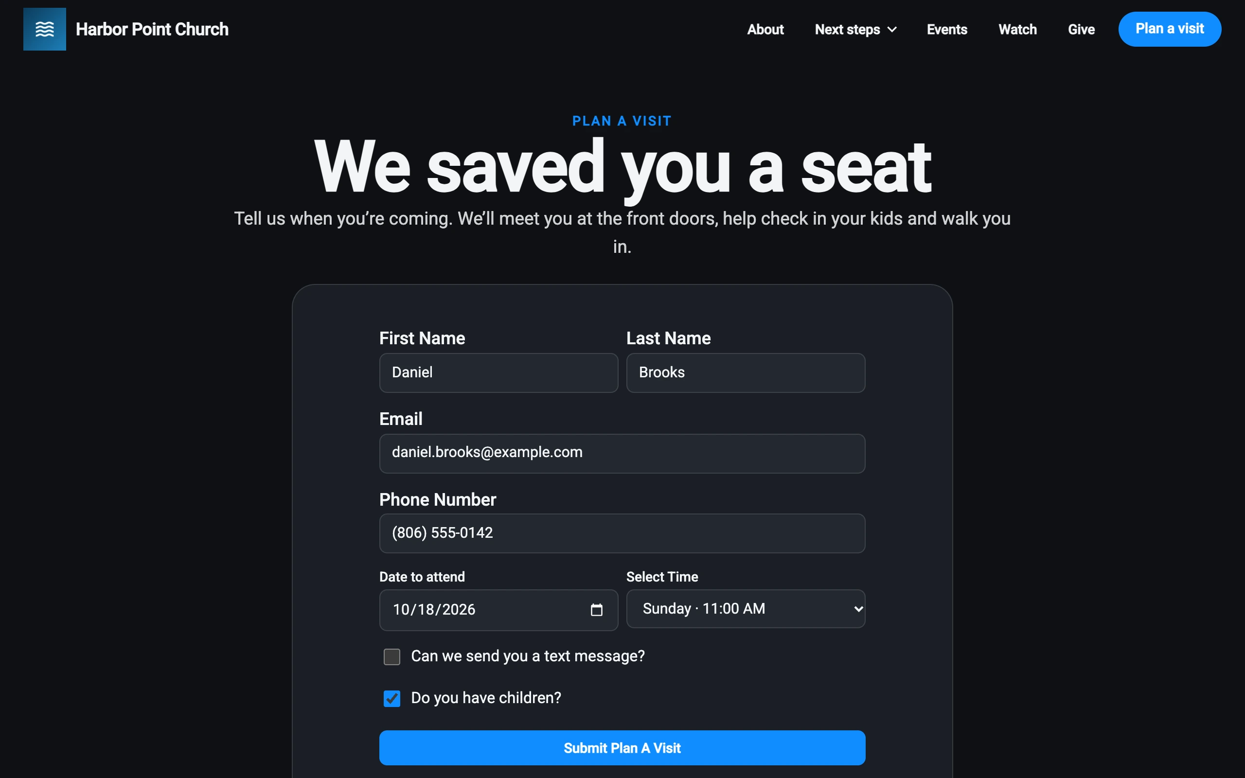 Plan a Visit form on a church website