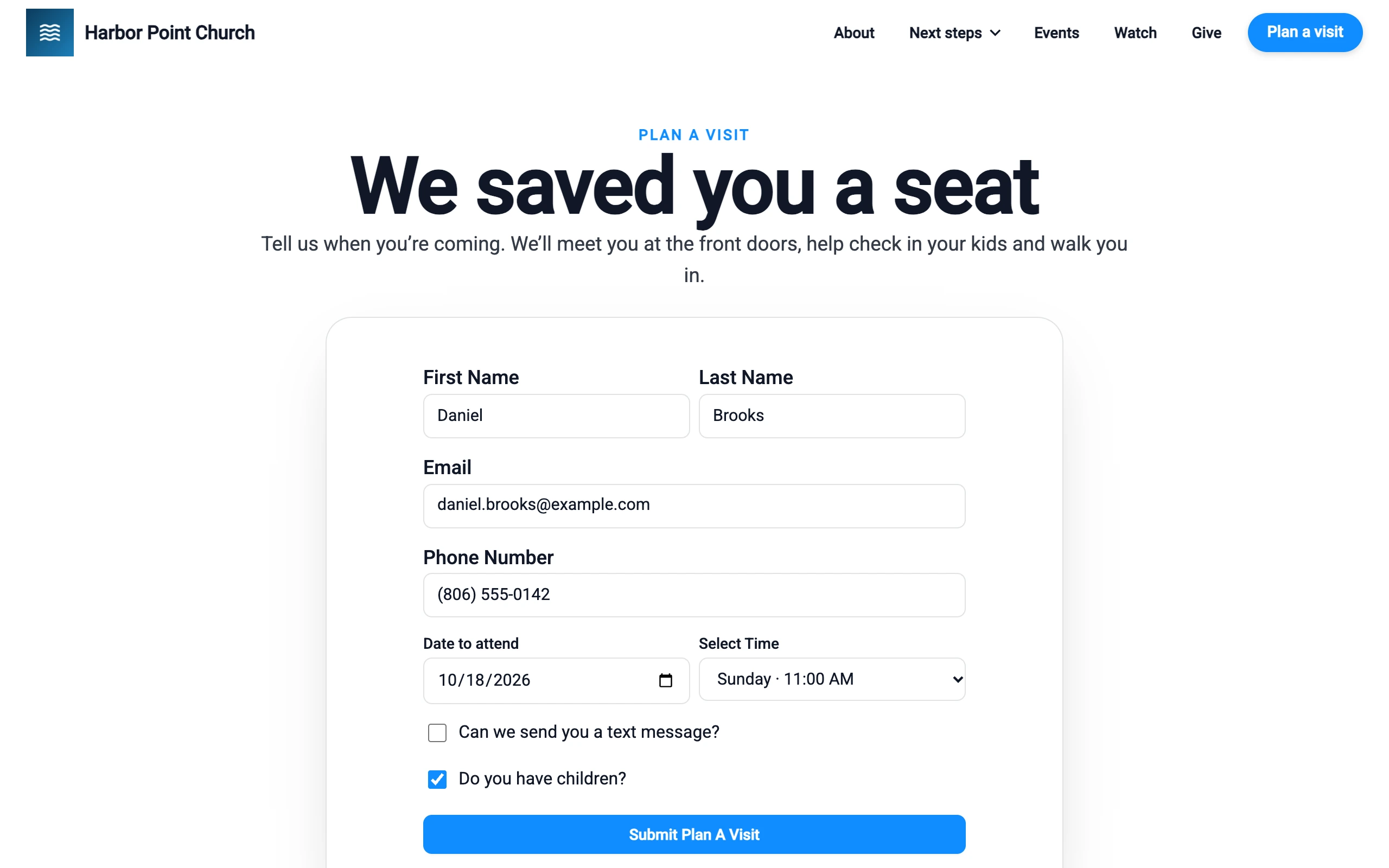 Plan a Visit form on a church website