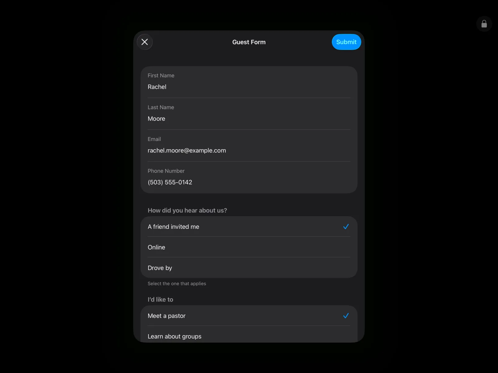 Guest form on the Community Portal App
