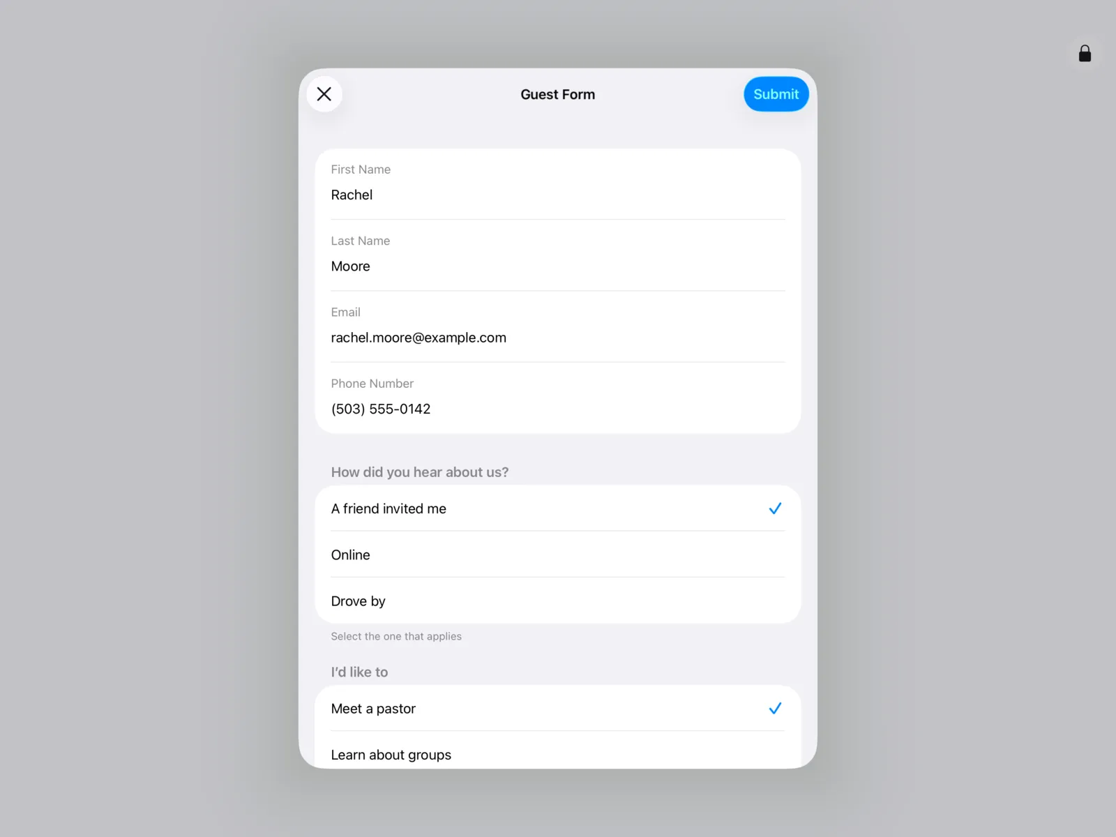 Guest form on the Community Portal App