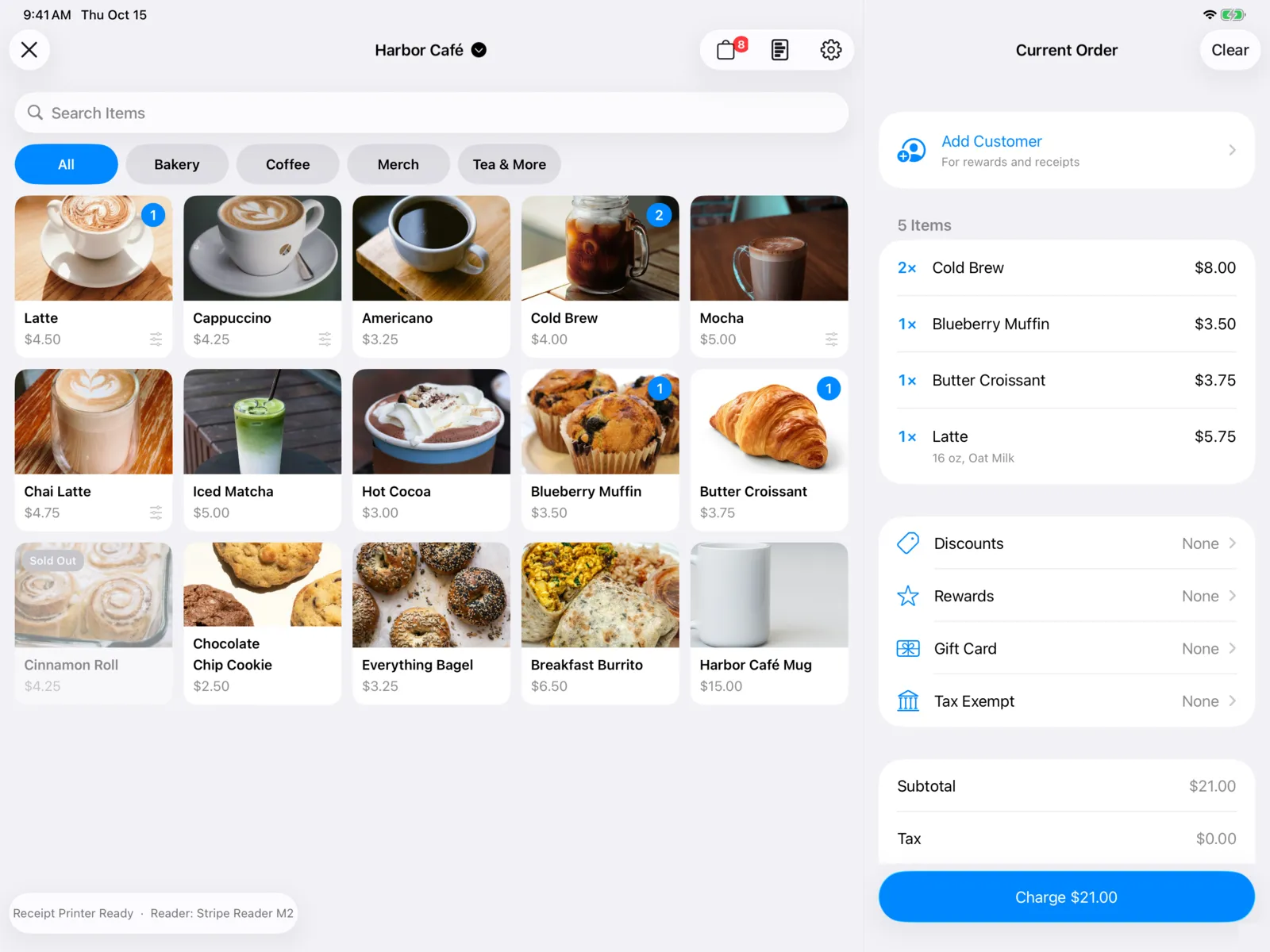 Point of sale on an iPad: café items with photos beside the current order