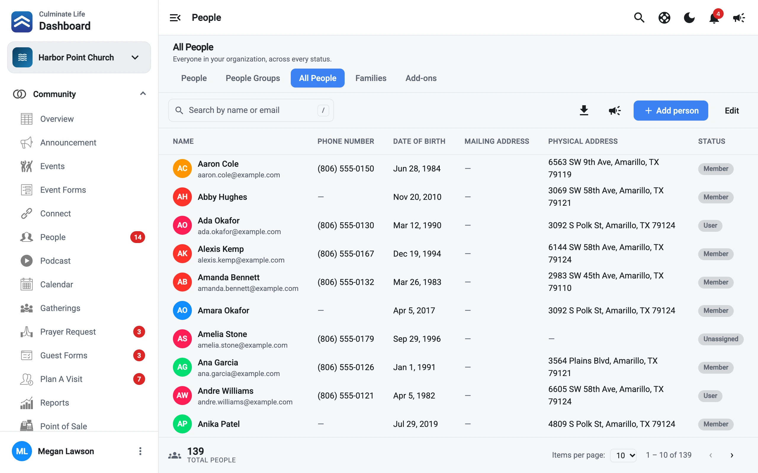 People list and person profile in the dashboard