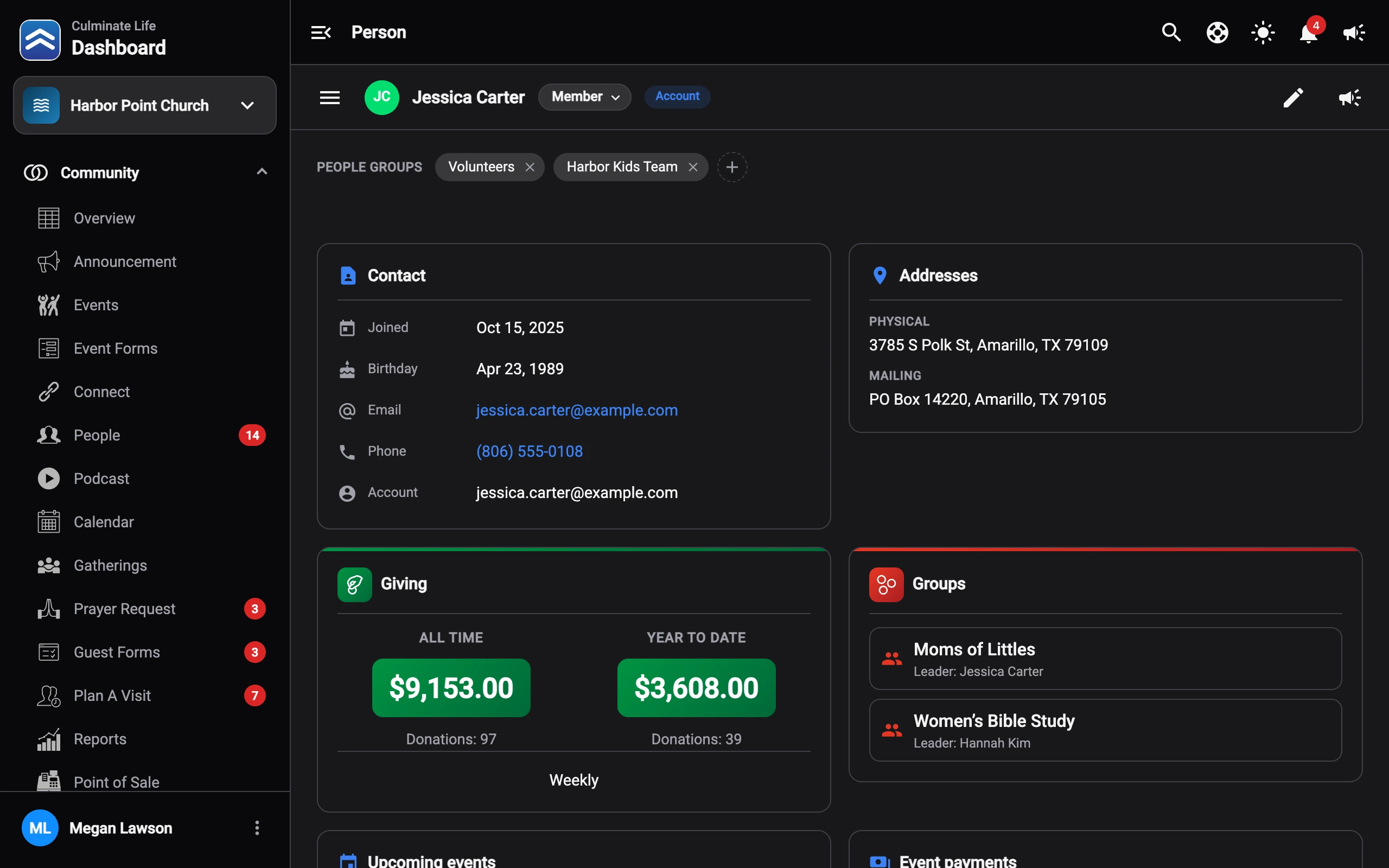 A person’s profile in the dashboard