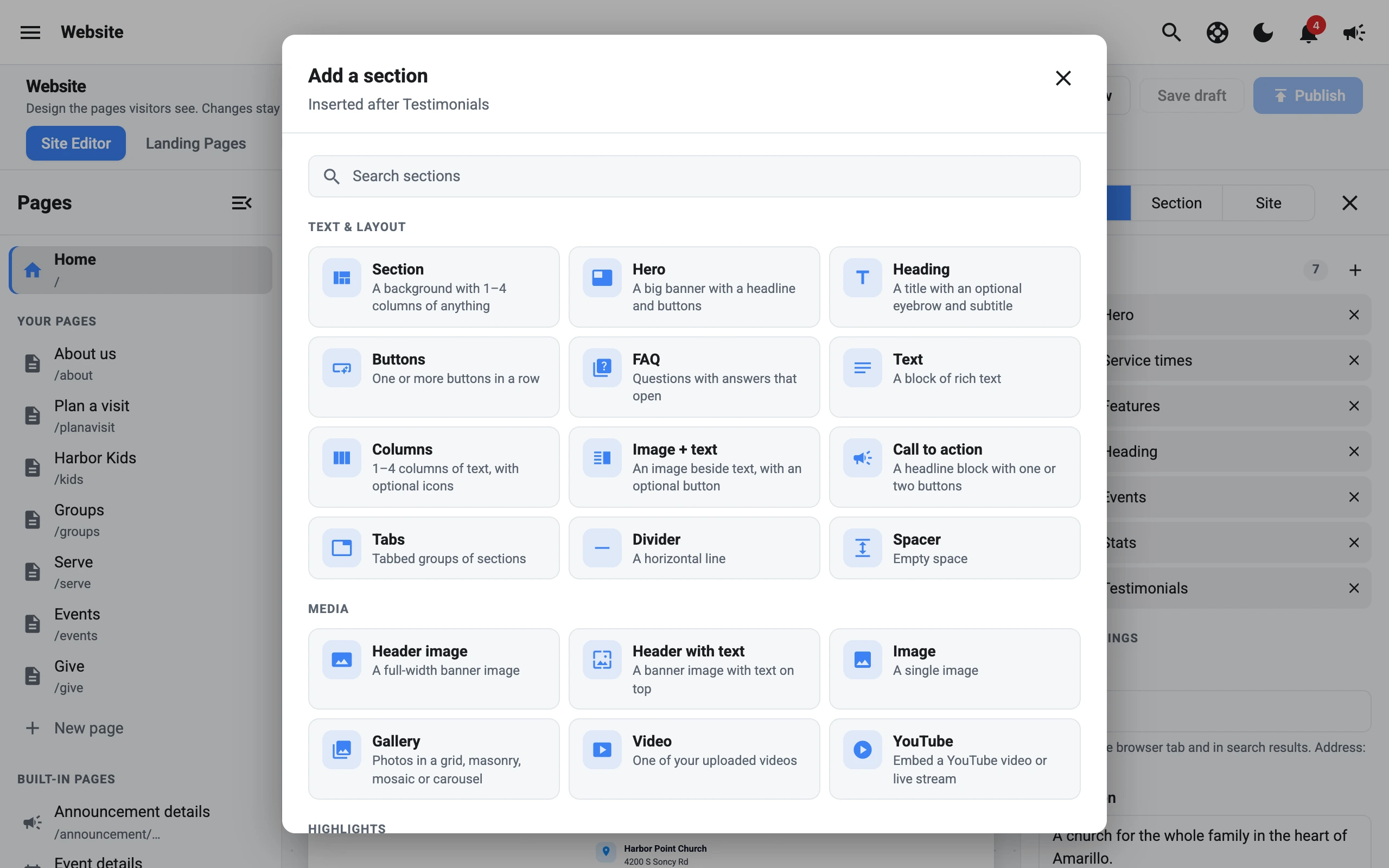 Elements panel in the website builder