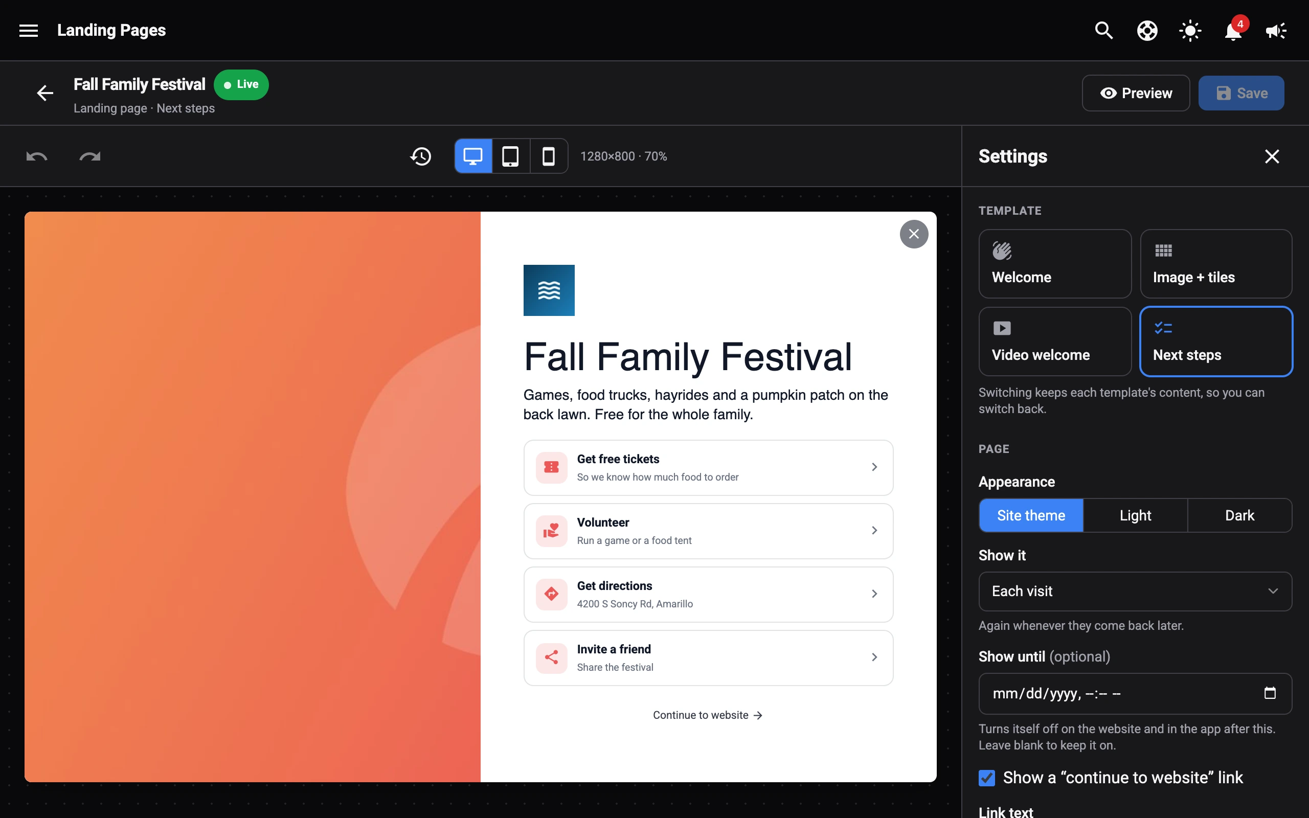 A landing page in the website builder